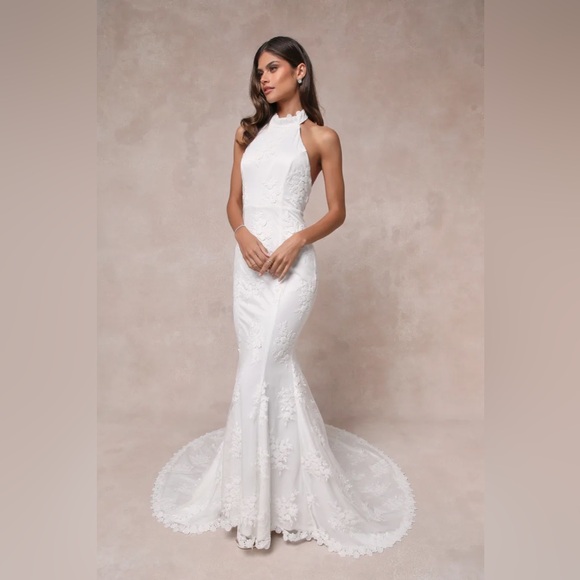 Lulus-Dreamy Glamour White Embroidered Halter Mermaid Maxi Dress (S/M) - Picture 6 of 6